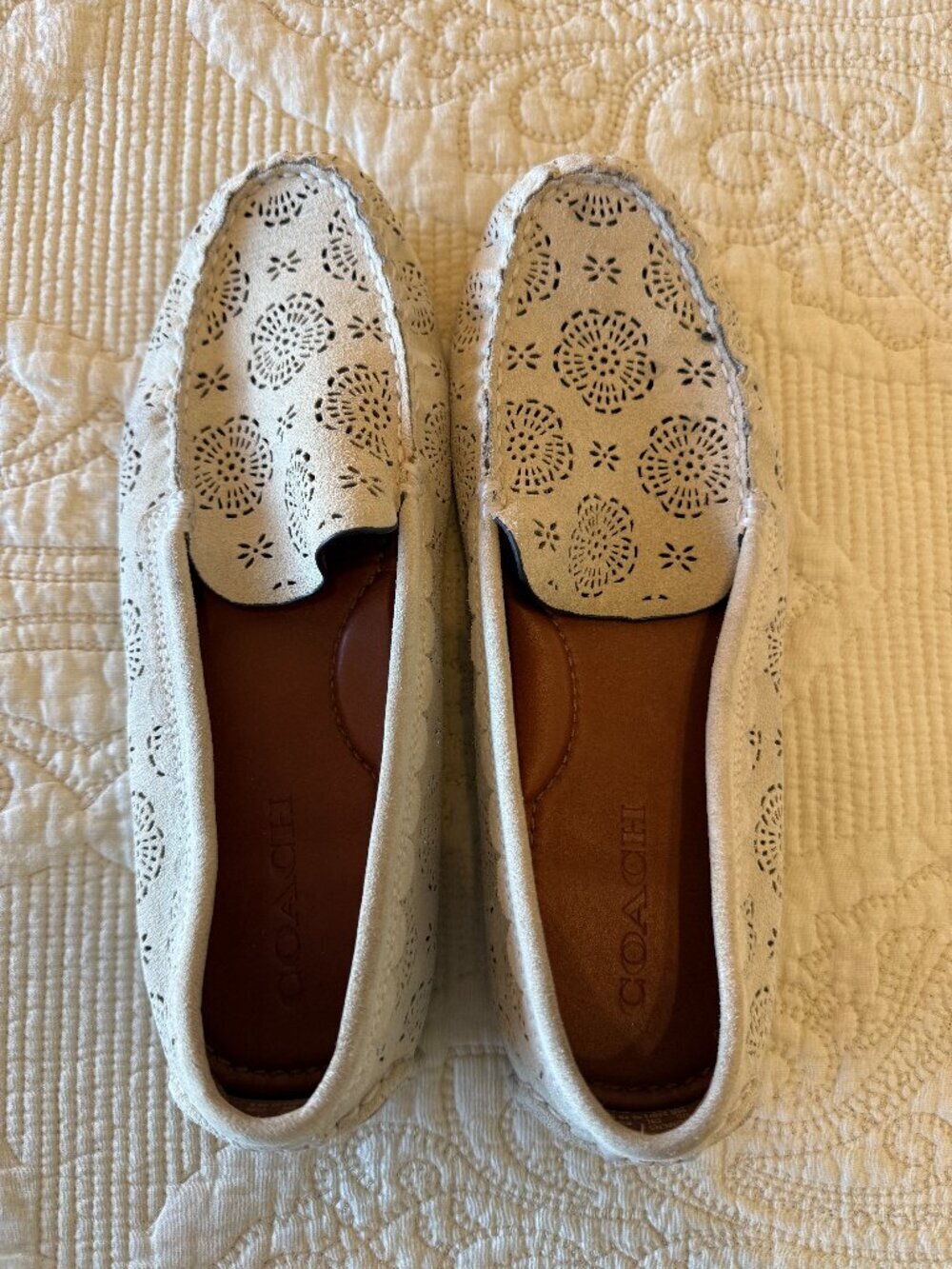 Coach white laser-cut floral loafers. Size 9